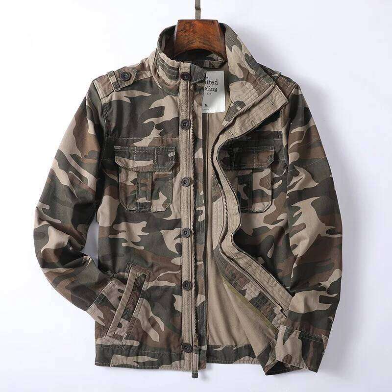 New Arrival Denim Retro Cargo Jacket For Men Outdoor Multi Pockets Camo Casual Fashion Hiking Coats Uniform Stand-up collar Coat 26H0311