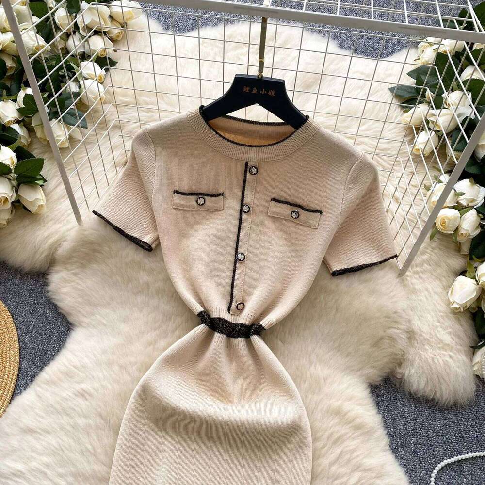 New Spring Summer Sexy Short Sleeve Knitted Dress Sheath High Waist Bodycon Skirt Color Block Design Korean Mini Dresses Z260311