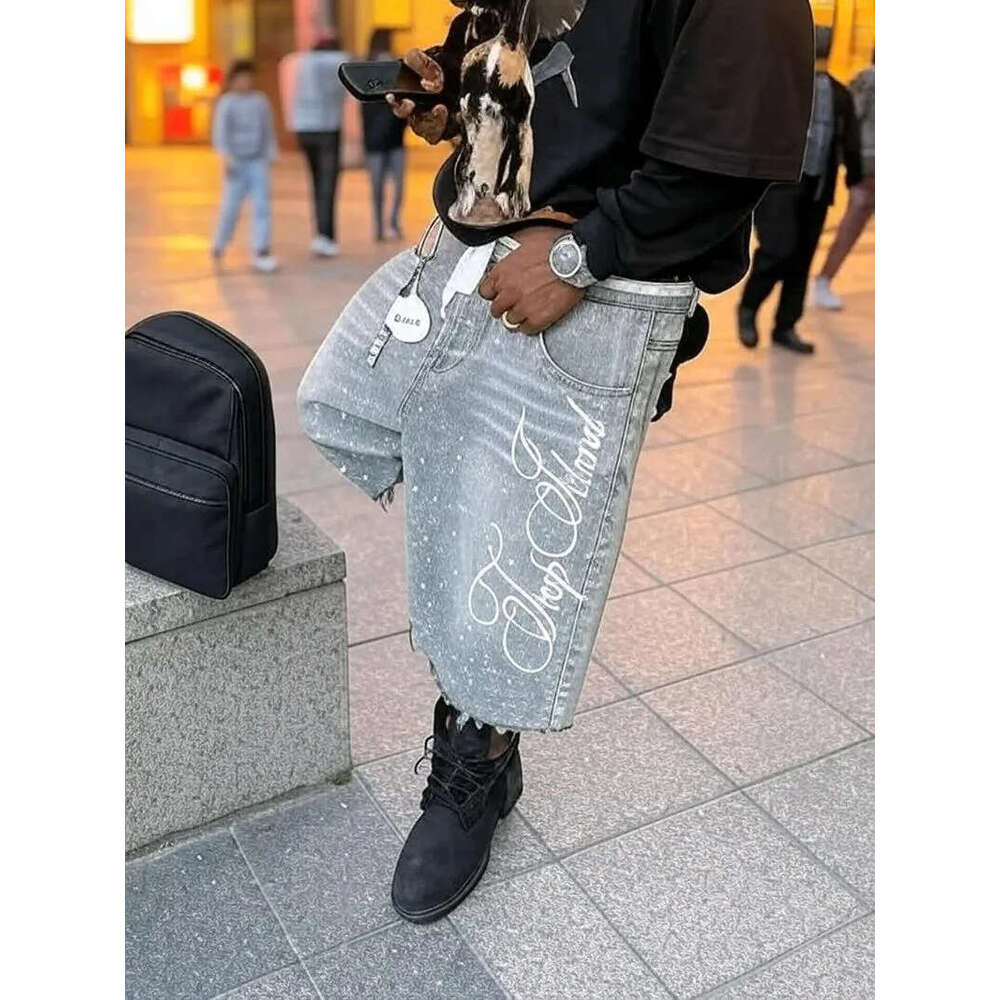 Men's Shorts Vintage Washed Rhinestone Denim Jeans Hip Hop Letter Embroidery Sequin Shiny Baggy Short Low Waist Over The Knee Pant Men's Clo