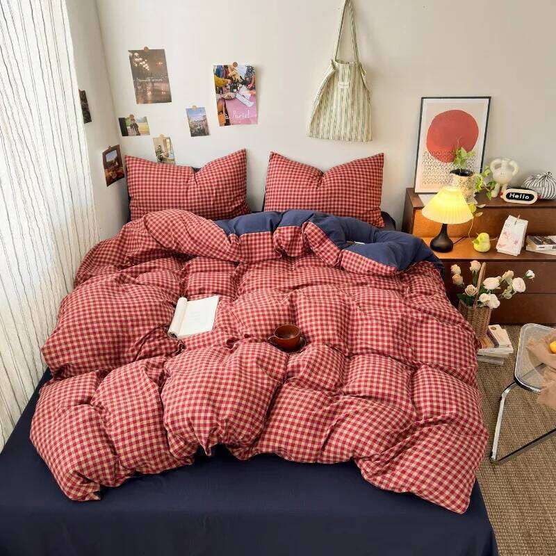 New plaid printing retro cloud double-layer yarn four-piece set, bedding, student dormitory single 3-piece set H260311