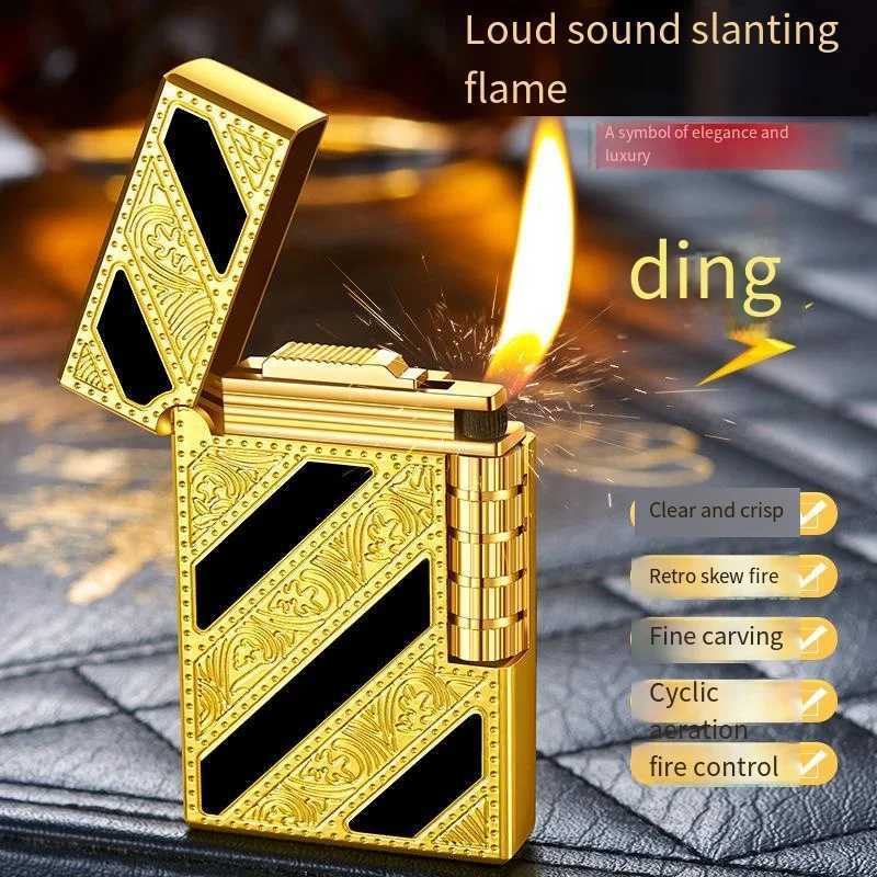 Brass Open Flame Butane Gas Lighter Brass Flip Side Slip Retro Classic Steel Loud Sound Pattern Mens Gift High-end New N260311