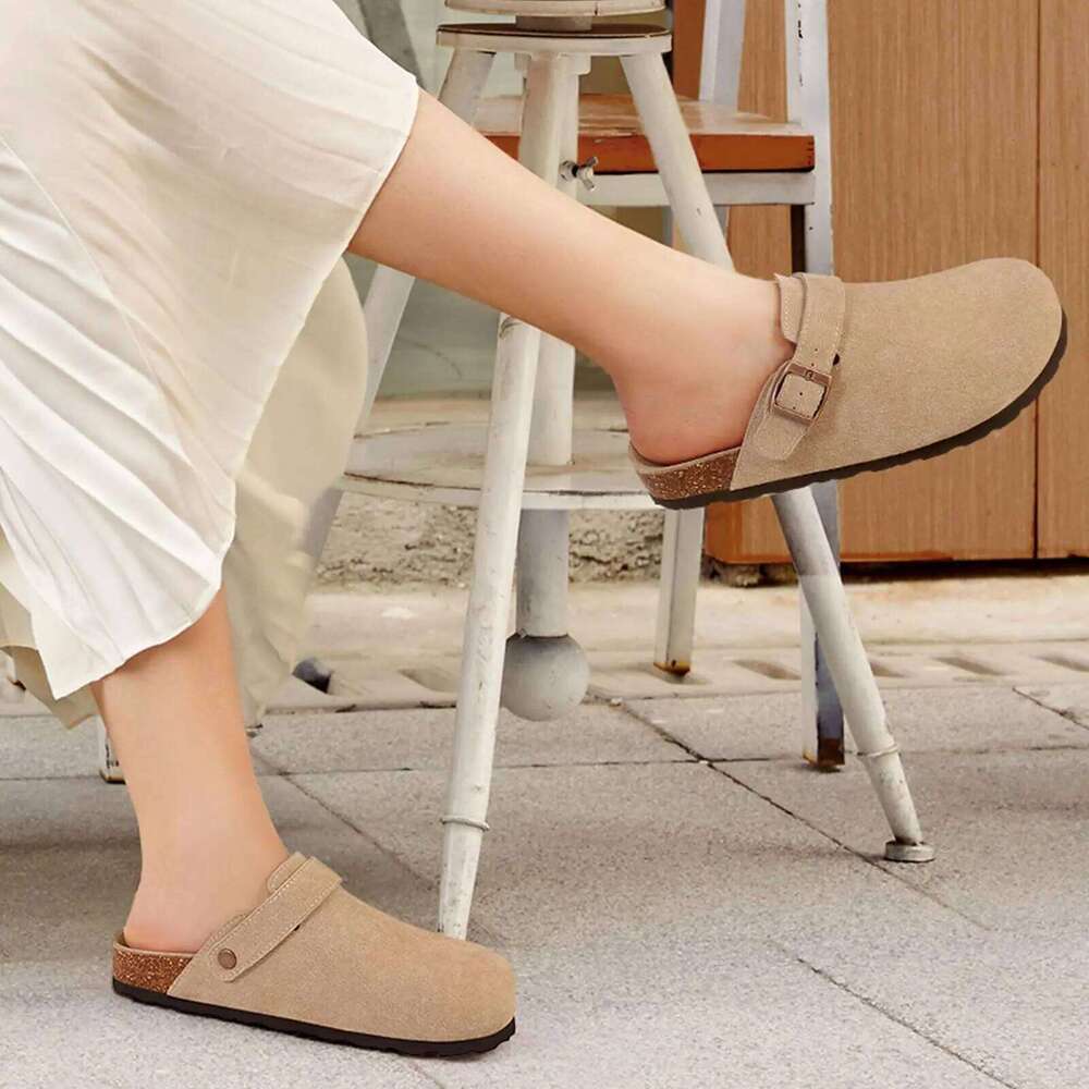 Crestar New Brooklyn Women's Suede Clogs Cork Footbed Cow Leather Mules With Adjustable Slingback Fashion Slip on Potato Shoes