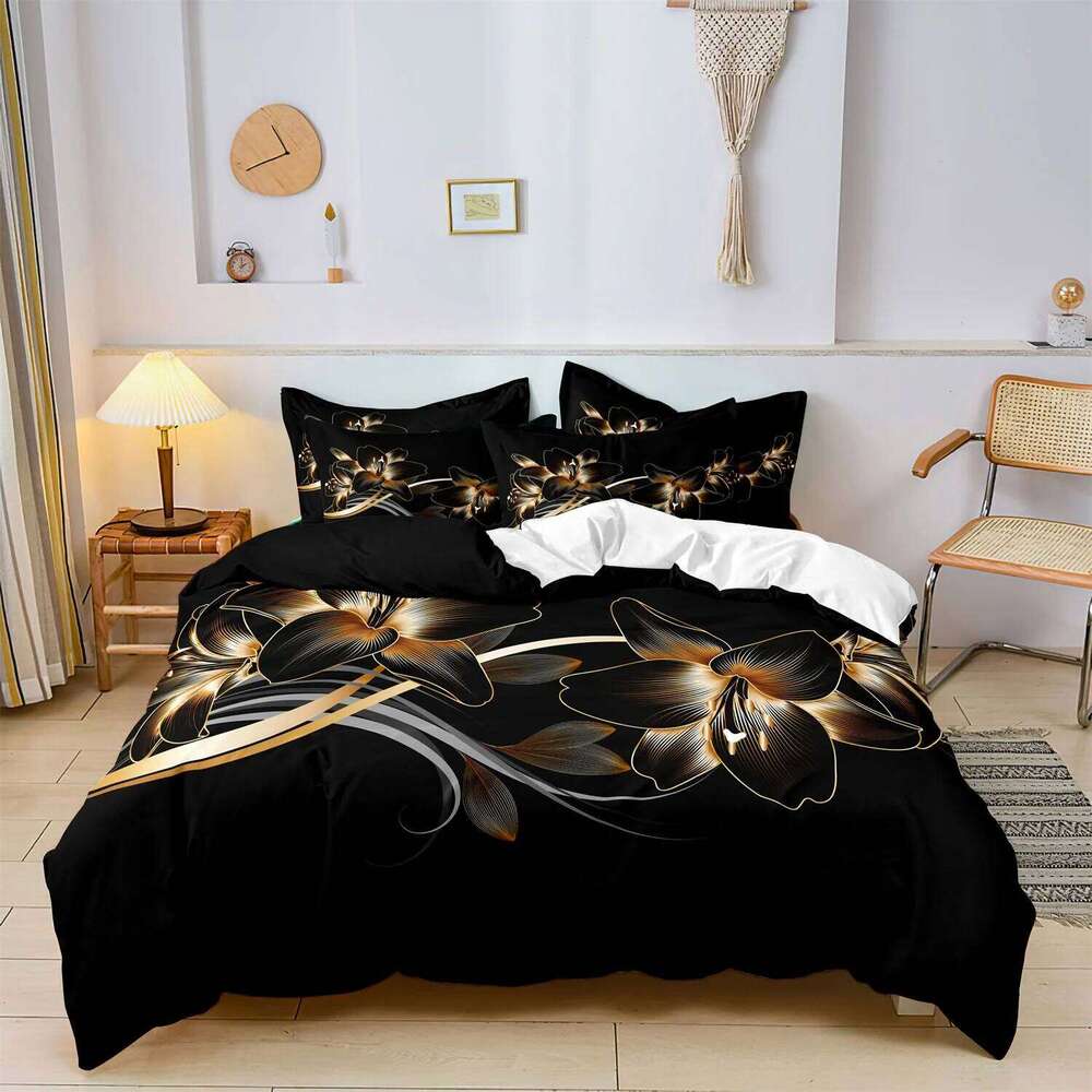 2/3pcs Duvet Cover Set Modern Black Golden Floral Print Soft Breathable Bedroom & Guest Room Without Core No Insert H260311