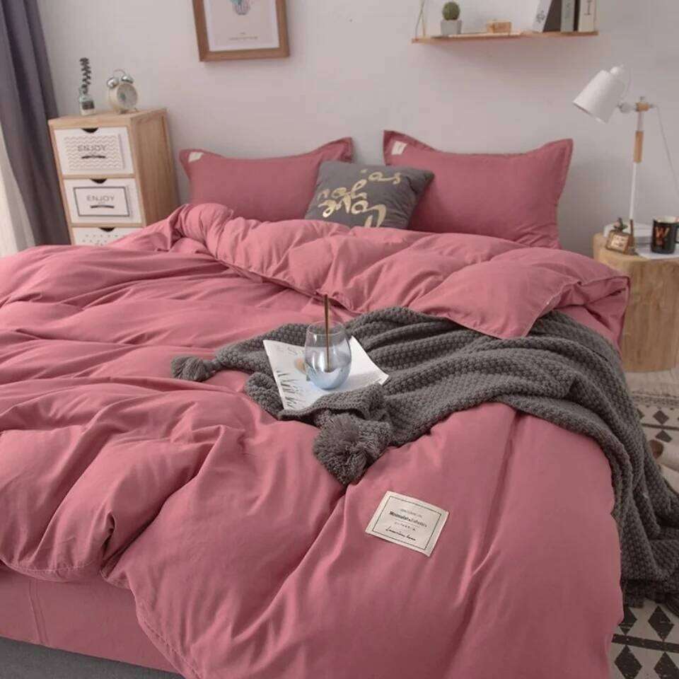 Simple Japanese Solid Color Pink Bedding Set Cover Twin Full Queen Linen Girl Women Polyester Bed Flat Sheet Pillowcase H260311 - view 6