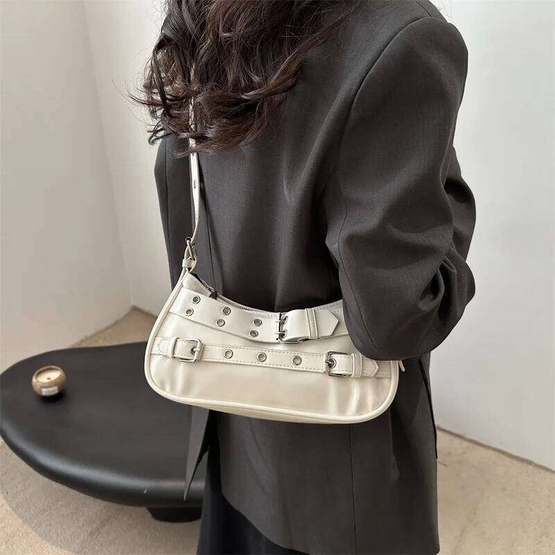 Y2k Retro Rivet Simple Women Shoulder Bag Solid Color Commuter Cool Hot Girls Pu Handbags Casual Ladies Underarm Crossbody Bags XJ260311