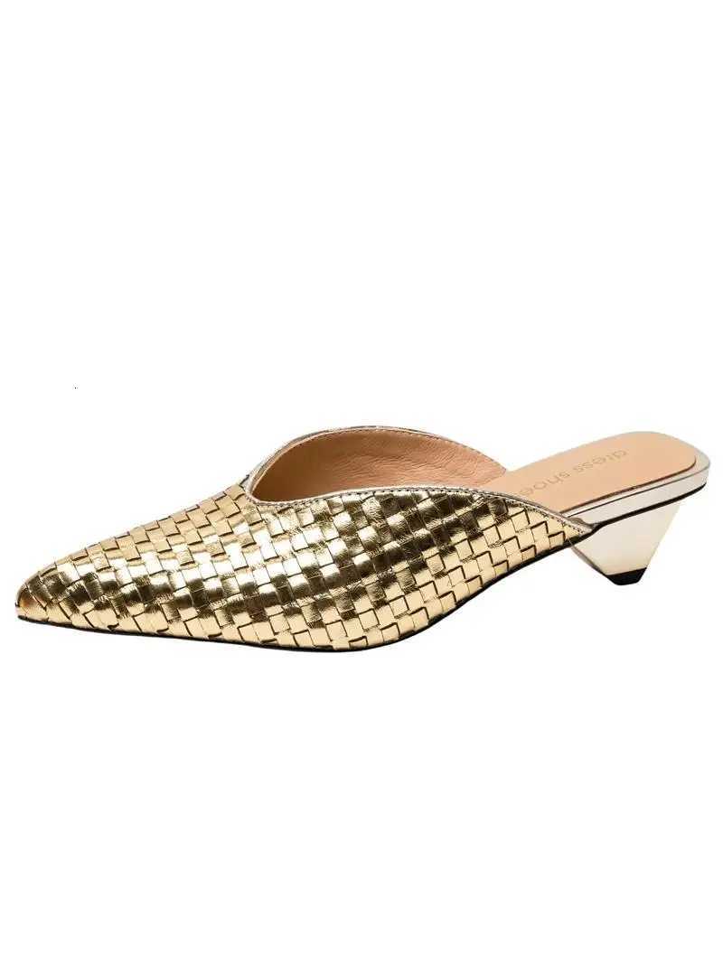 Silver Woven Toe Cover Slip-On Mules Womens Summer Outdoor Wear Genuine Leather Medium Heel Pointed Toe Slipper oes K260311