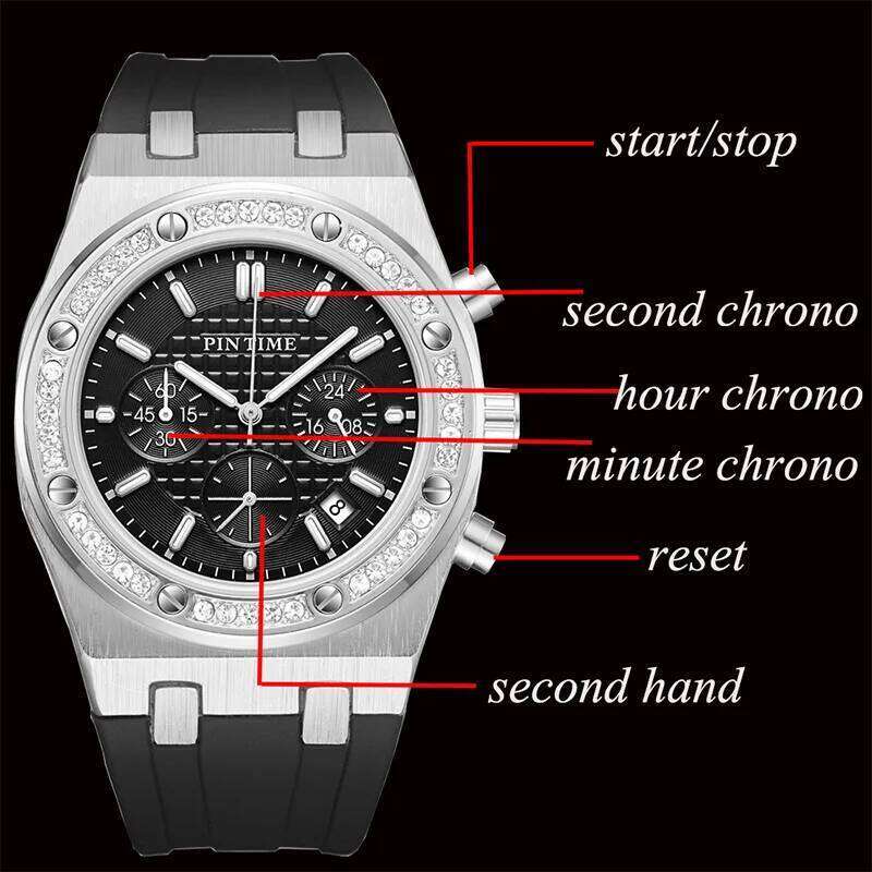 Casuals Watch for Men Diamond Iced Bezel Fashion Quartz Wristwatch Sports Silicone Band Waterproof 30m Chronograph Reloj Hombre