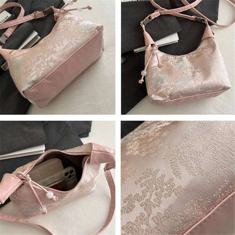 Chinese Style Embroidered Satin Handbag Crossbody Elegant Ancient Inspired Commute Shoulder Bag with Delicate Floral Pattern XJ260311