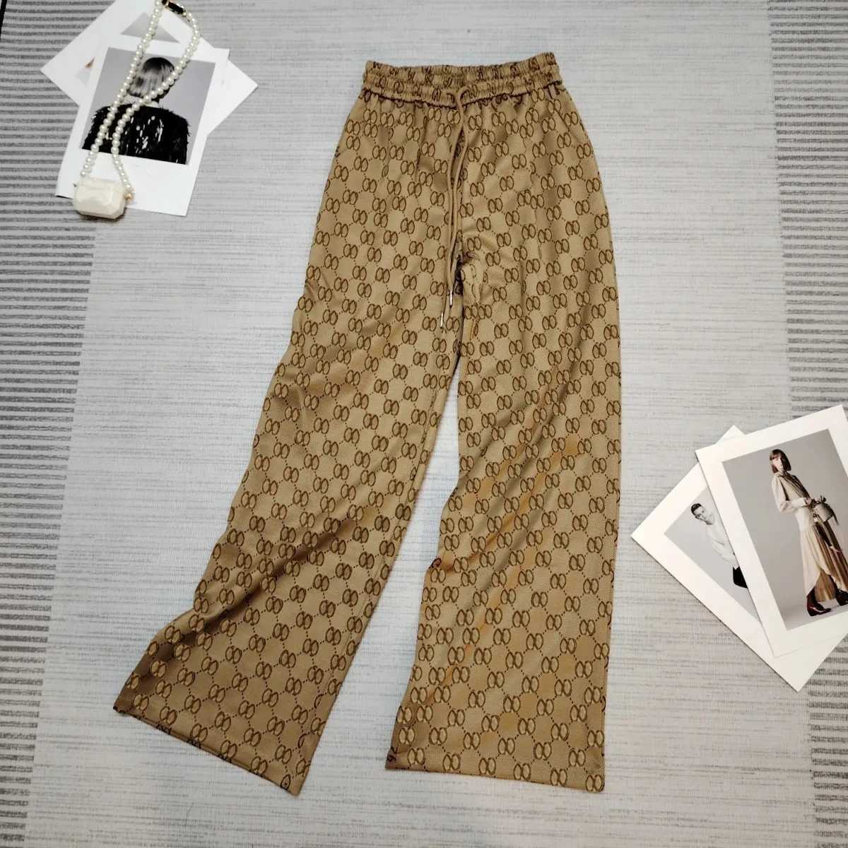 2025 Spring and Autumn New Womens Full Print Jacquard Casual Pants Elastic Waist Versatile Wide Leg PantsT260311
