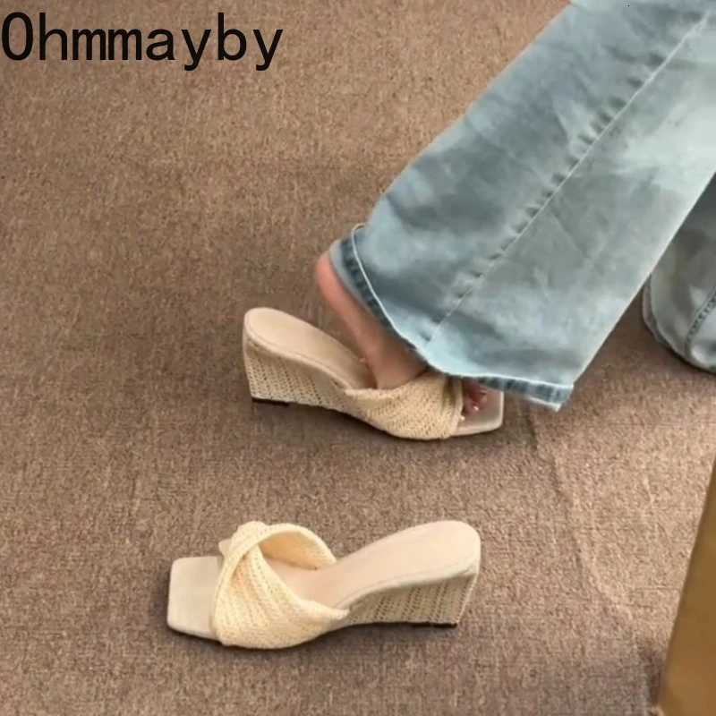 Designer Weave Height Increase Women Slippers Ladies Elegant Wedges Heel Dress Slides 2026 New Summer Open Toe Womens Shoes K260311