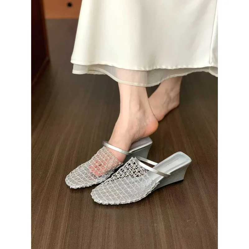 Niche Fishing Net Woven Hollow Sandals for Women in Summer 2025 New Style with Skirt Block Heel Square Toe Muller Semi-slippers K260311