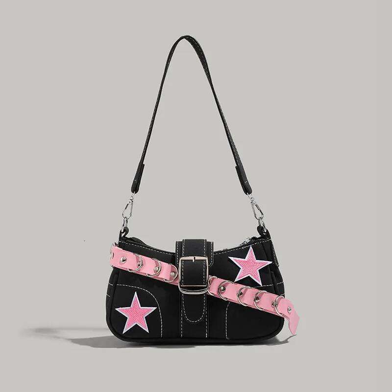 Y2K Hot Girl Black & Pink Star Tote Shoulder Edgy Studded Strap Retro Underarm Bag Sweet-Cool Aesthetic for Trendy Daily Use XJ260311