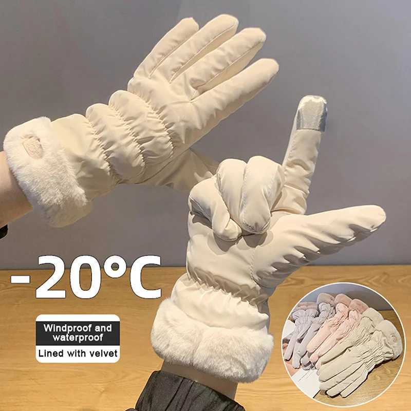 1Pair Ski Gloves Women Winter Fleece Thickened Warm Windproof Waterproof Touch-Screen Gloves For Outdoor Riding Mountaineering M260311
