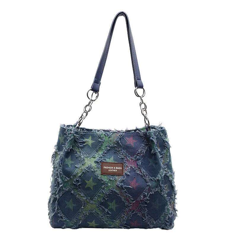 Vintage Plaid Tassel Design Denim Shoulder Bags for Women Large Capacity Ladies Casual Tote Bag Versatile Star Female Handbags XJ260311