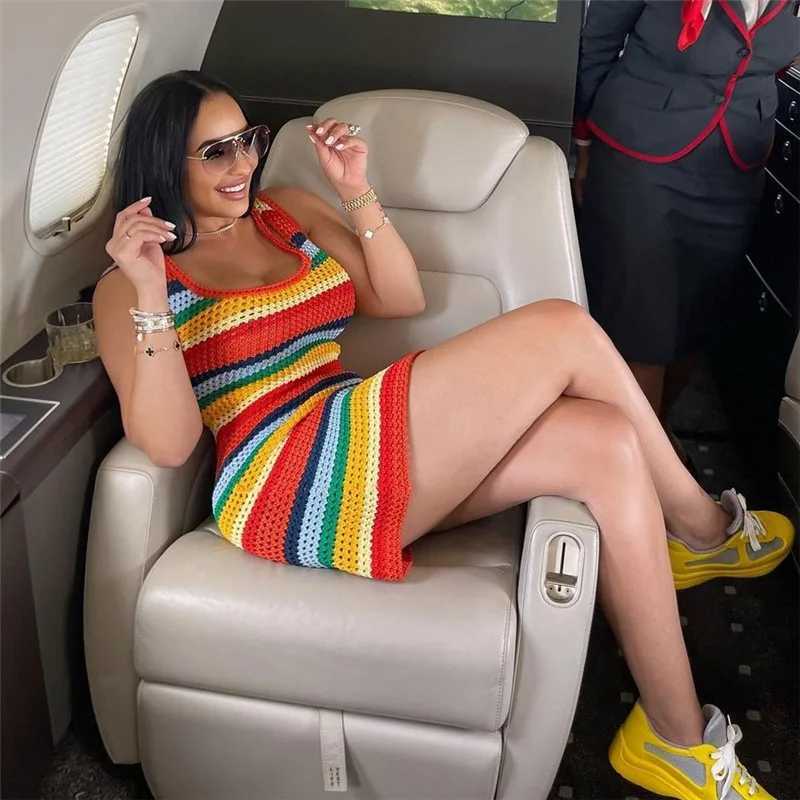 Women Panelled Striped Knitted Hollow Out Mini Dress Casual Tank Sleeveless Bodycon Hot Streetwear Outfit M260311