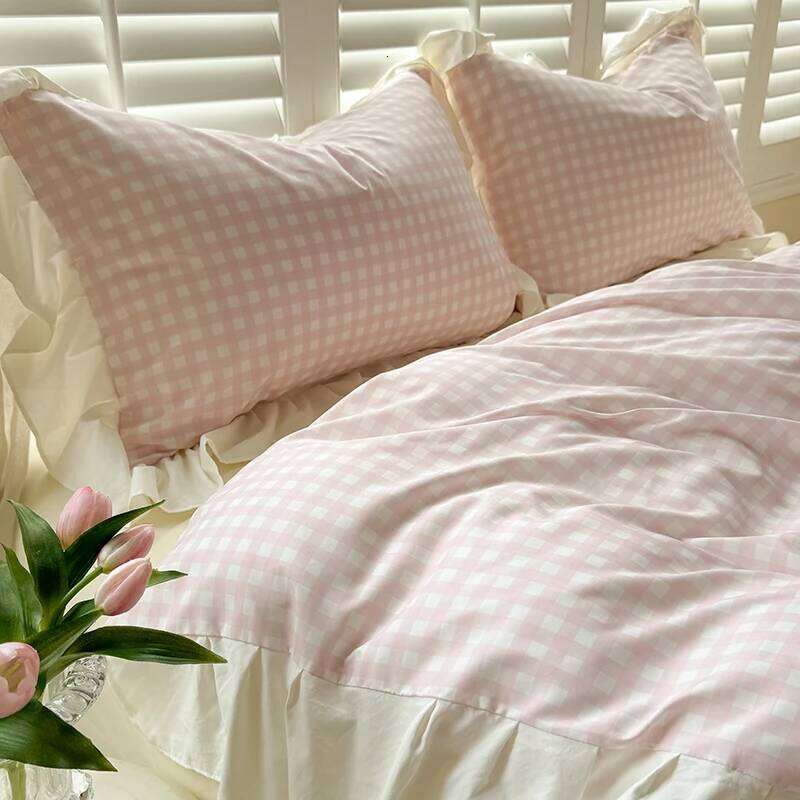 3pcs Korean lace Duvet 1*Duvet Cover + 2*Pillowcase, Without Core, Pink checkered print Bedding Set H260311