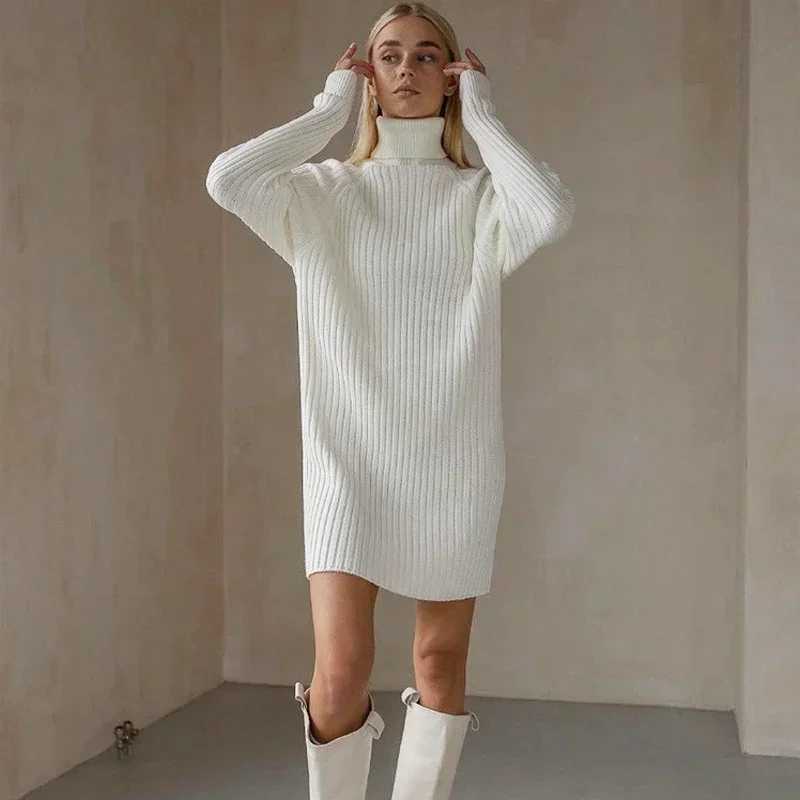 White Turtleneck Knitted Dresses Woman Winter Autumn Oversized Sweater Dress Fashion Long Sleeve Mini Dress Casual Knitwear M260311