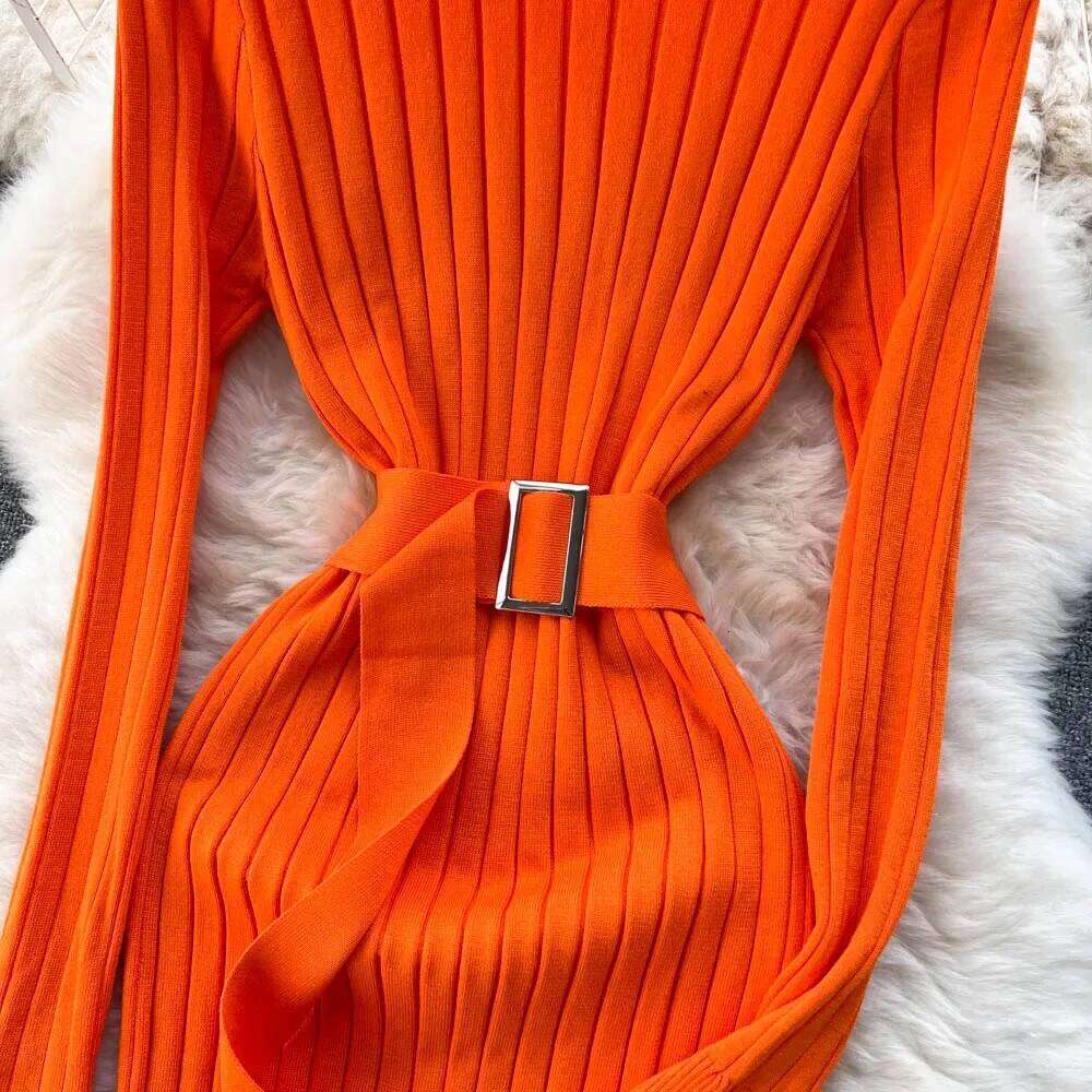 Green Winter Turtleneck Sexy Women Dress Autumn Long Sleeve Skinny Maxi Boydcon Casual knitted Sweater With Belt Party Club Z260311