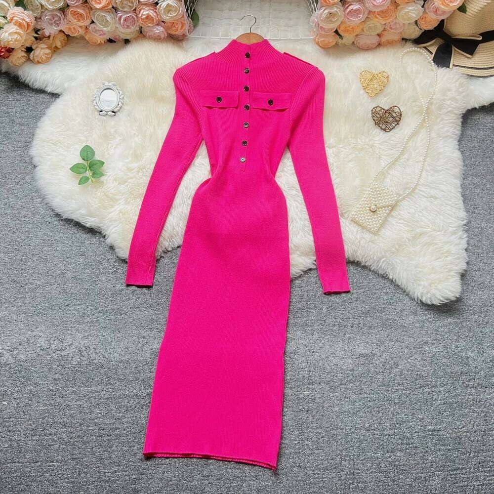 YuooMuoo Chic Fashion Sexy Wrap Hips Knitted 2025 Autumn Winter Turtleneck Buttons Bodycon Sweater Dress Streetwear Outfit Z260311