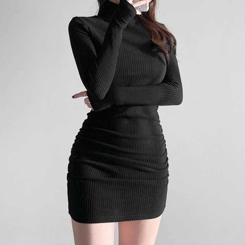 Bodycon Dress Women Knitting Turtleneck Sexy Autumn Folds All-match Vestidos De Mujer Club Tender Soft Korean Style Casual Daily M260311