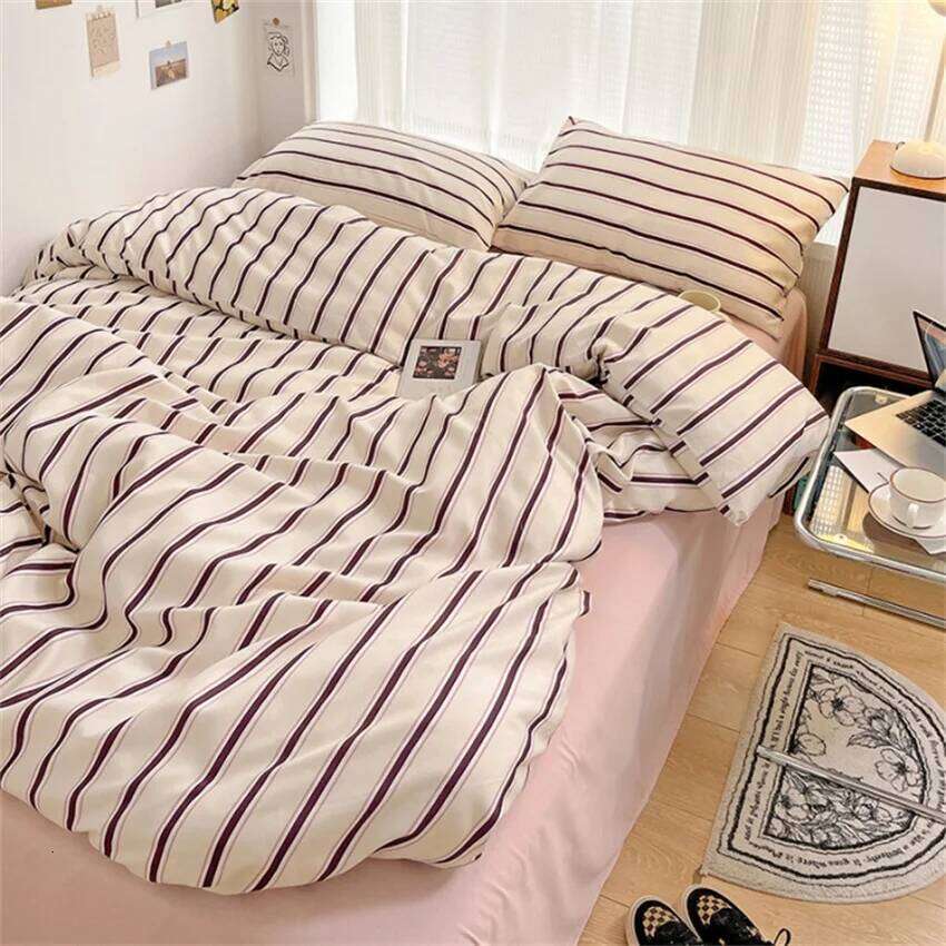 Pure Cotton Home Textile Blue Striped Bedding Set Simple Soft Duvet Cover Sheet Pillowcase Ins Style Bed Linens Queen King Size H260311