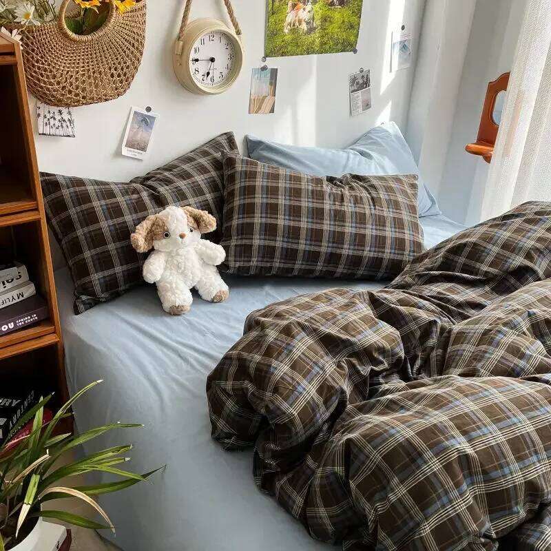 Bedding Ins Ambiance Blue Coffee Grid Mixed With Washed Cotton Minimalist Four Piece Set Fitted Sheets Duvet Cover H260311 - view 3