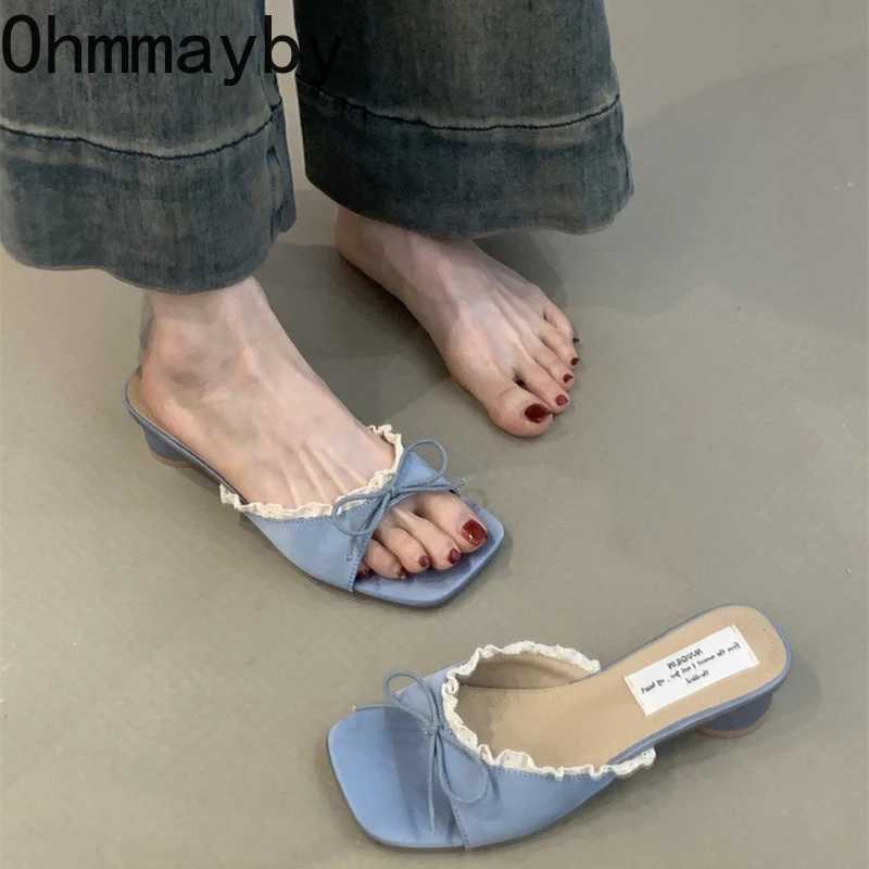 Designer Summer Butterfly-knot Lace Women Slippers Casual Thick Low Heel Dress Street Style Slides K260311