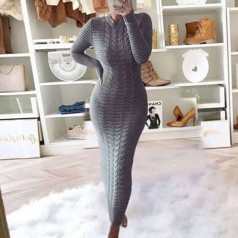 Fashion Twist Flower Round Neck Knitted Sweater Dress,Women's Autumn and Winter Solid Color Pullover Long-sleeved Dress,vestidos Z260311