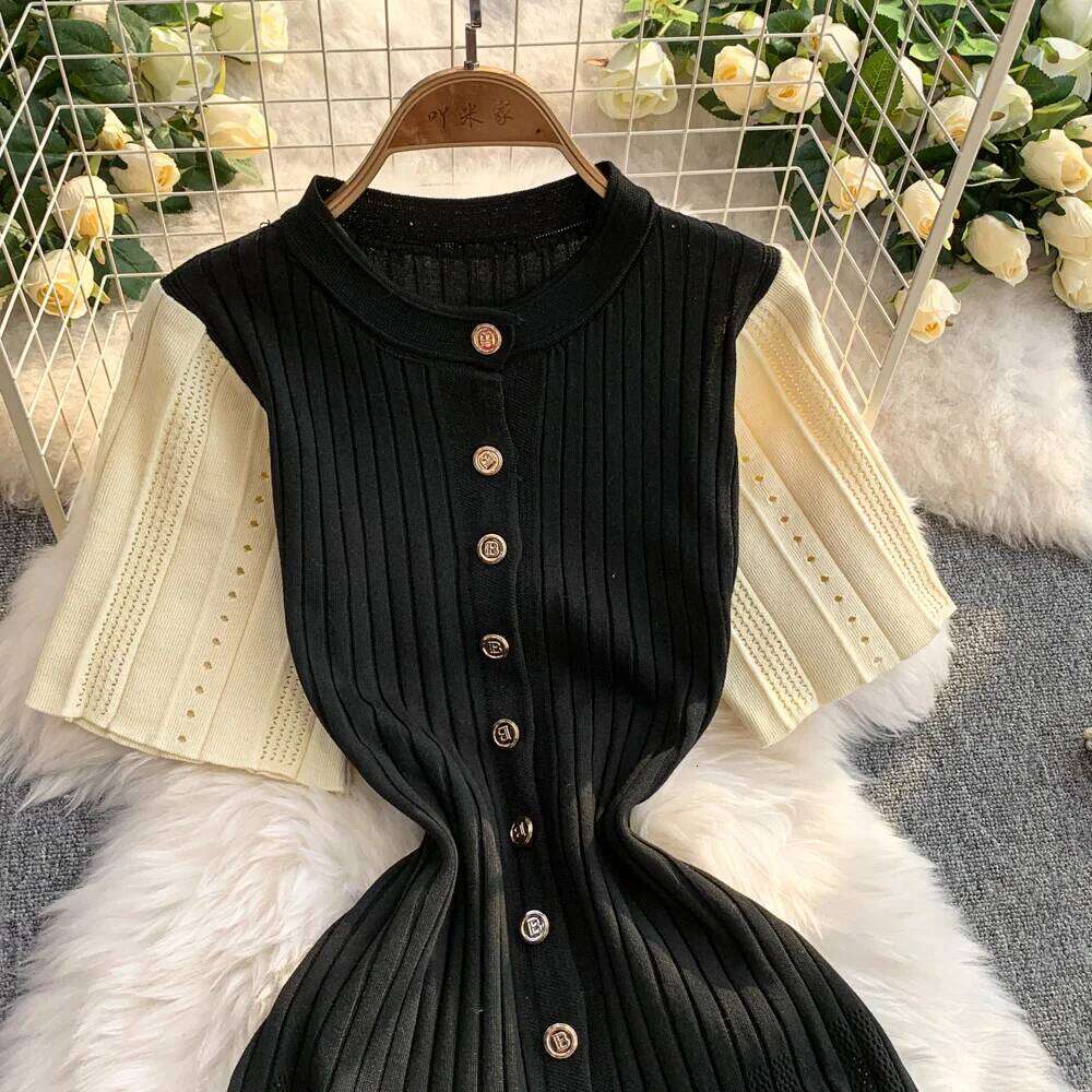 YuooMuoo Women 2025 Spring and Summer Elegant Patchwork One-Piece Knitted Maxi Office Lady Slim Waist Sweater Dress Z260311