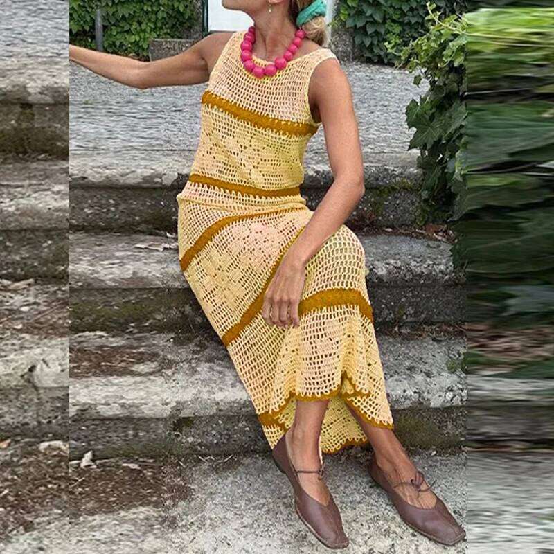 Vestidos Sexy Crochet Hook Knitted Woman O-Neck Striped Print Hollow Long 2025 Summer Sleeveless Holiday Beach Dress Z260311