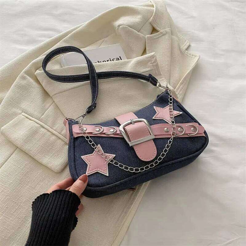 Retro Star Handbag Portable Denim Shoulder Chain Armpit Bag Y2k Rivet Women'S Purse For Fashion Events Daily Use Girls XJ260311