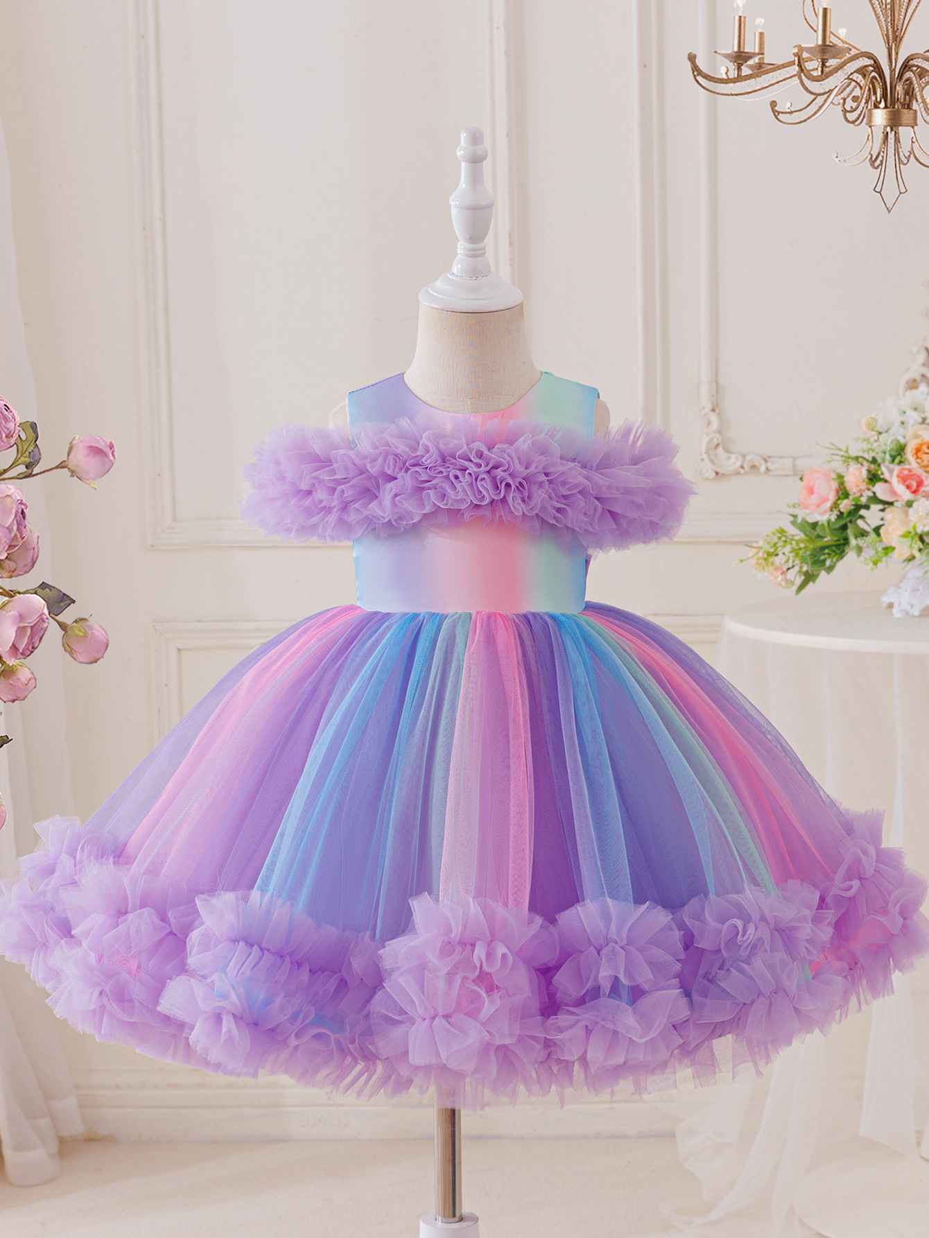 Girls Pastel Rainbow Tutu Dress Toddler Purple Ruffle Tulle Princess Dress Kids Birthday Party Pageant Gown Size 4-8Y