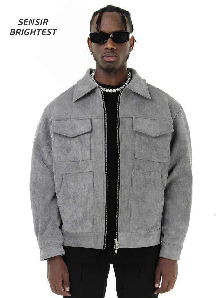Autumn Jackets Oversize Casual Clothes High Street Pockets Laper Zipper Suede Thick Coat Mens Windbreaker Loose 26Y0310