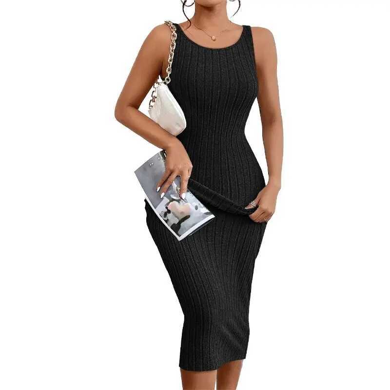 Summer New Style Sleeveless Inner Strap Mid-length Round Neck Backless Knitted Hip One-step Skirt Vest Dress M260311