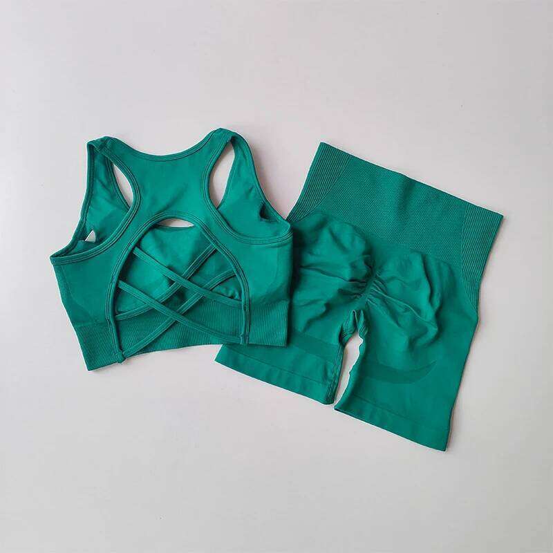 High Waist Hip Lifting Fitness Set for Women with Beautiful Sport Bra Yoga Dress Tight Training and Sports Shorts Suit 26H0311