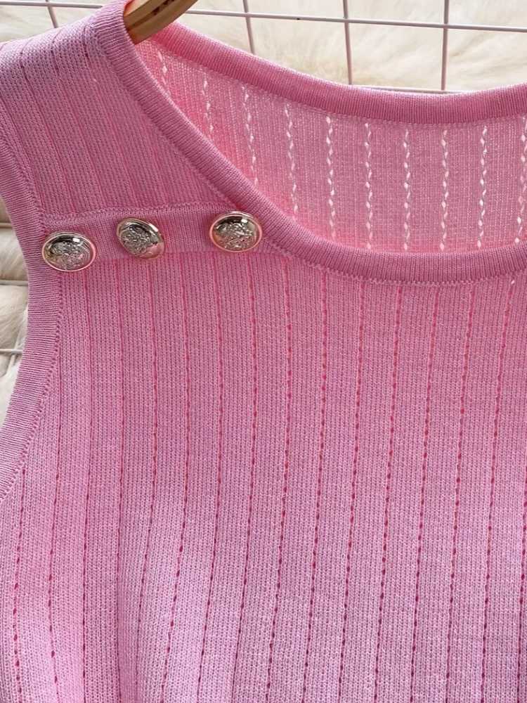 Womens Pink Sleeveless Stretchy Knit Mini Dress Ribbed Texture Button Decor Bodycon Short Dress Casual Summer Party Dress M260311