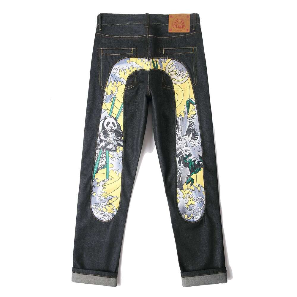 Men's Japanese Handmade Embroidered Cotton Jeans Straight Tube Slim Fit Hip-Hop Trousers Red Ear Detail Devil Big M Golden Text Z260225