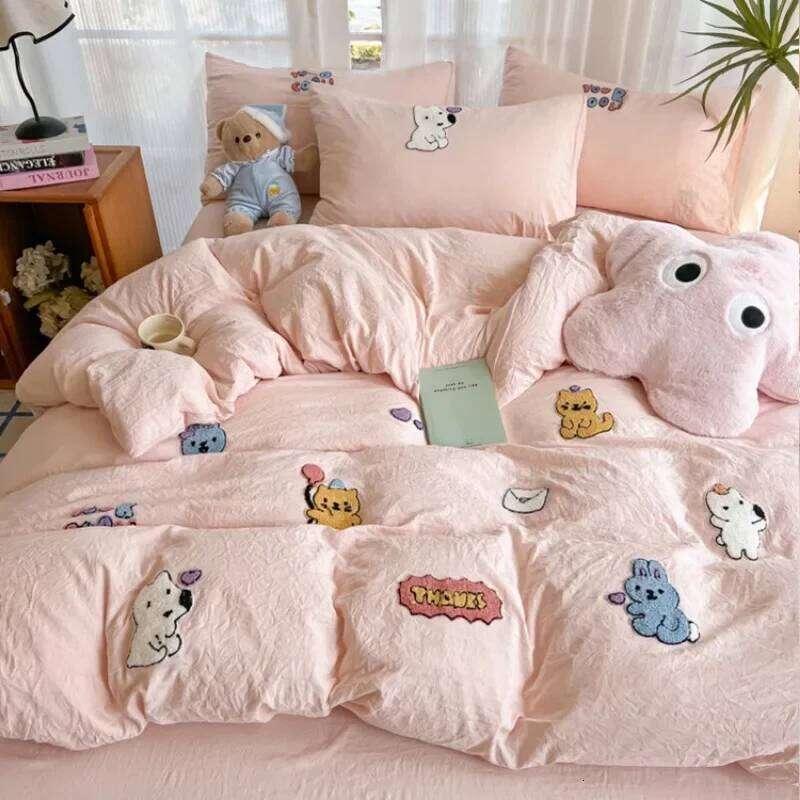 New washed cotton towel embroidery four-piece animal paradise sheet bed hat home student dormitory three-piece set H260311