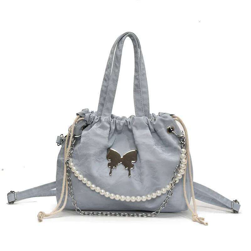 Fashion Butterfly Drawstring Shoulder Bags for Women Casual Soft Leather Ladies Backpack Tote Commuter Girls Pearl Chain Handbag XJ260311