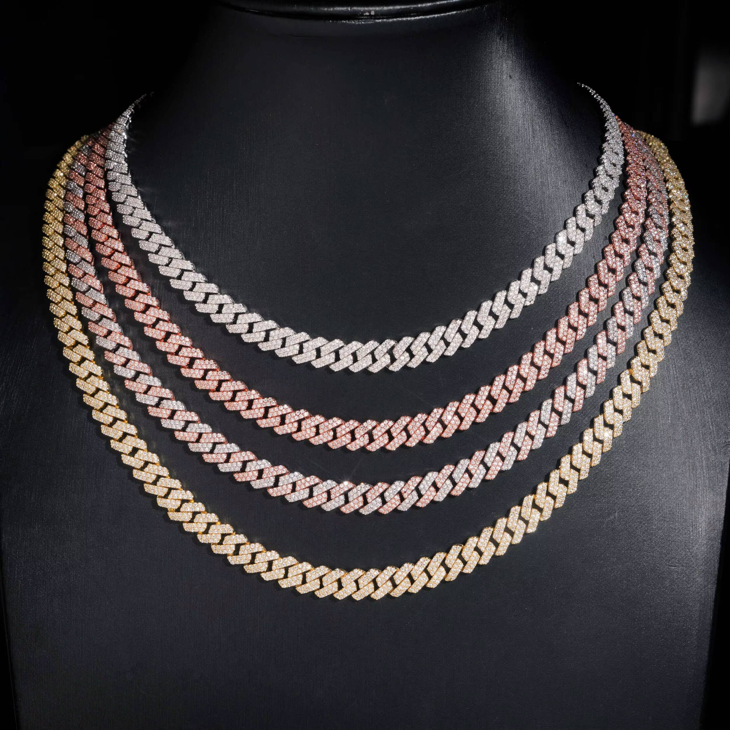 Hip Hop Men 8MM Prong Cuban Link Chain Necklace Bling Iced Out 2Row Moissanite S925 Silver Rhombus Cuban Necklace Jewelry