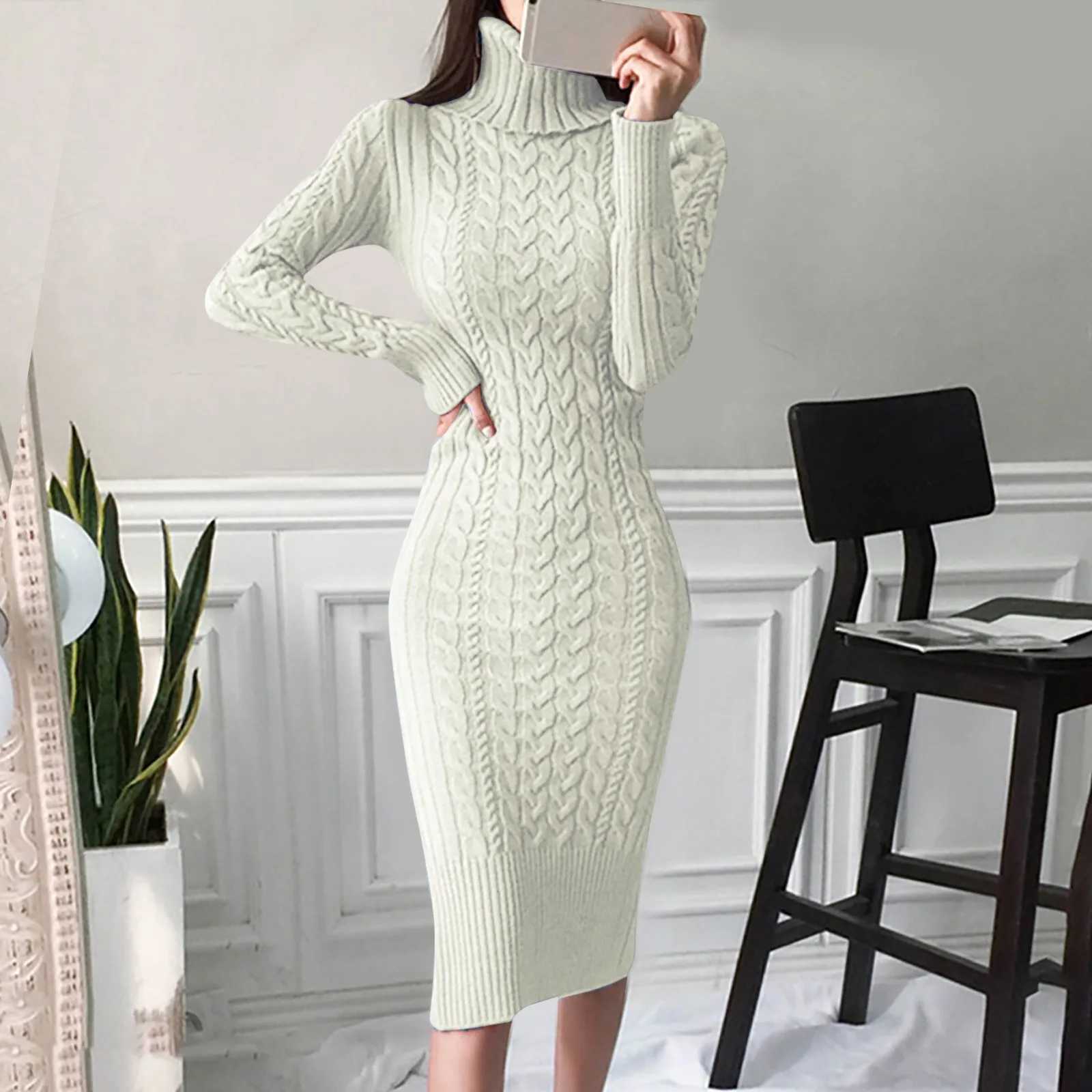 Autumn and Winter Womens Long Sleeve Turtleneck Sweater Dresses Warm Knitted Bodycon Pullovers Jumper Dresses Vestidos Largos M260311