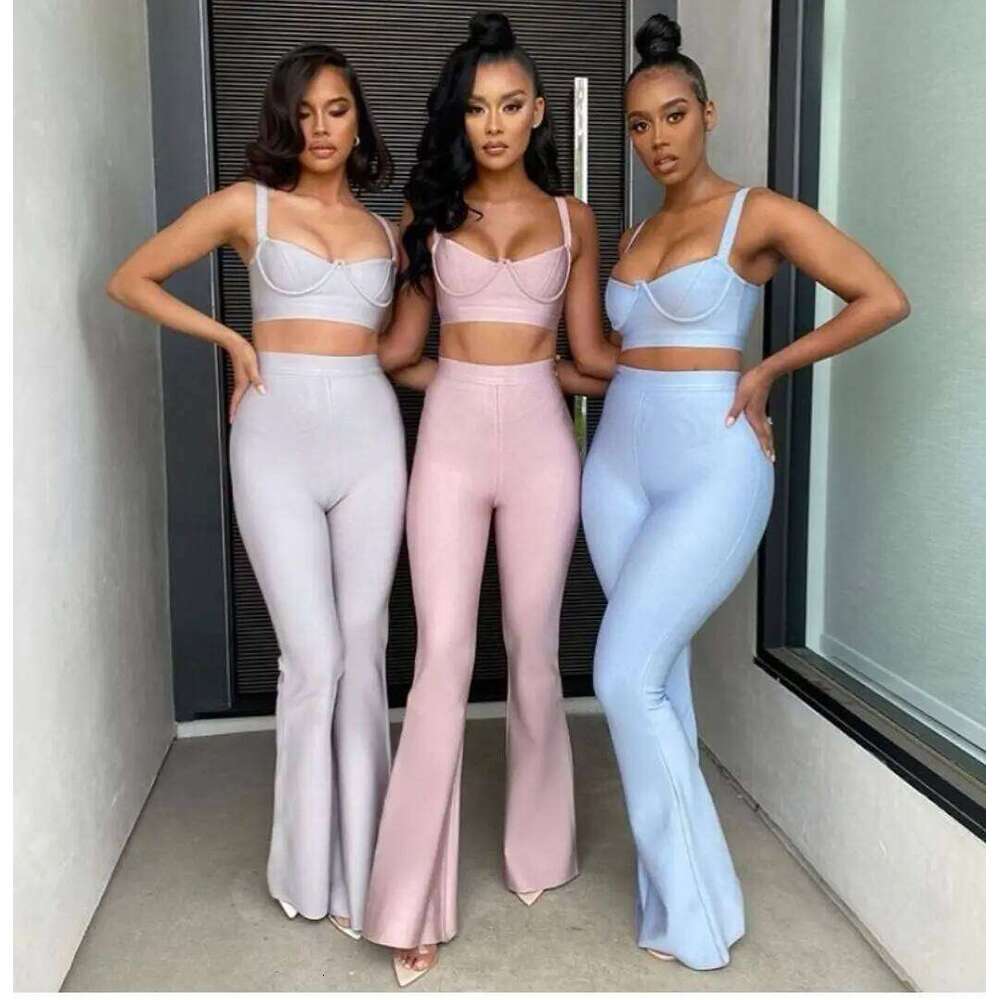 Women New Arrival Sexy Low Cut Strap Bra Top High Waist Flare Pants Two Piece Bandage Set Elgant Fashion Party Wear Vintage MAKOUFEI