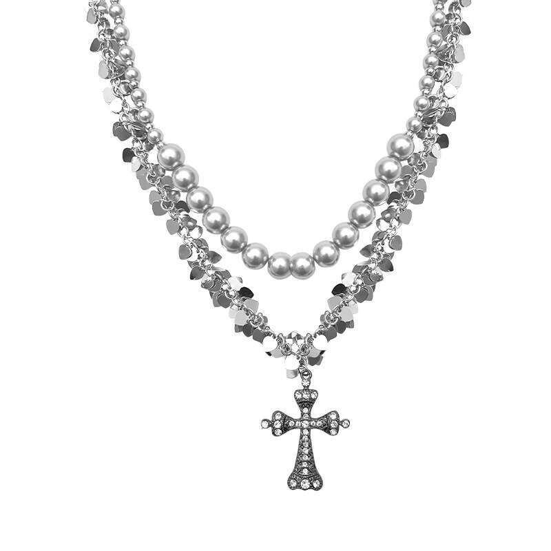 Free Shipping Cross Necklace for Women Men Jewelry Titanium Steel Double Layer Stacked Choker Grey Pearl Sequin Beaded Pendant Necklace Personality Ve
