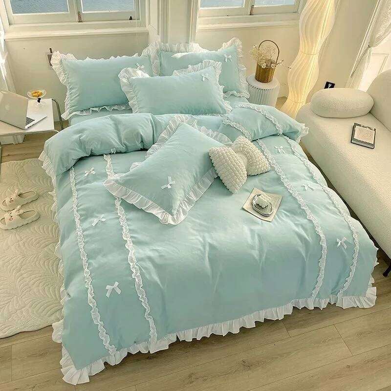 Korean Princess Style Bedding Sets Ins Lace Bowknot Duvet Cover Fitted Sheet For Girl Woman Home Bedroom Kawaii Bed Linens H260311