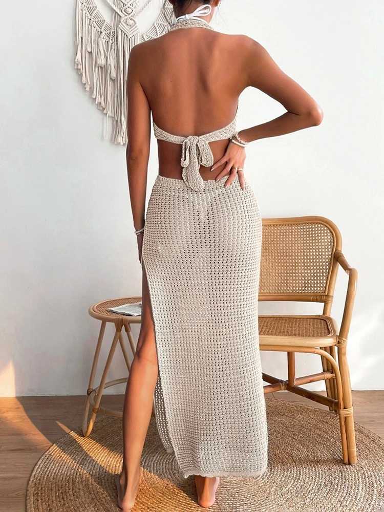 Fashionable and Elegant Woolen Dress Womens Bikini Blocked Solid Round Neck Hollow Skirt M260311