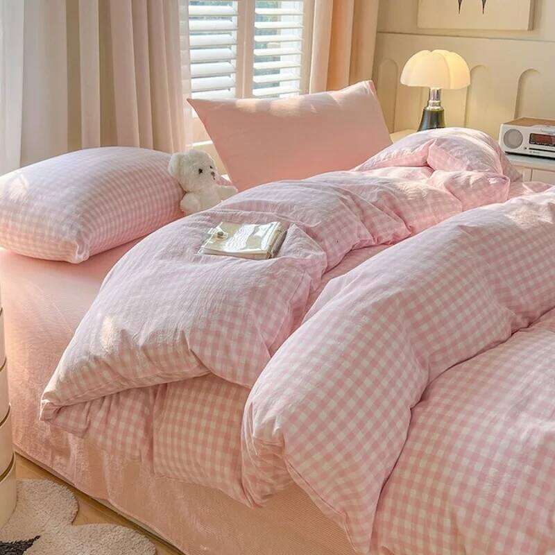 2025 New product Simple Japanese style gray grid bed sheet duvet cover 4-piece student apartment four season 3-piece set H260311
