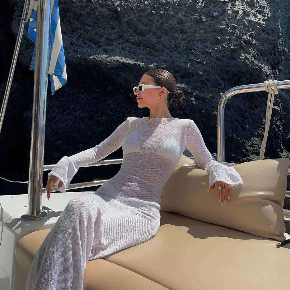 Women Summer Mesh Wrapped Sleeve Round Neck See Through Sunscreen Solid Color Backless Beach Long Dress Z260311