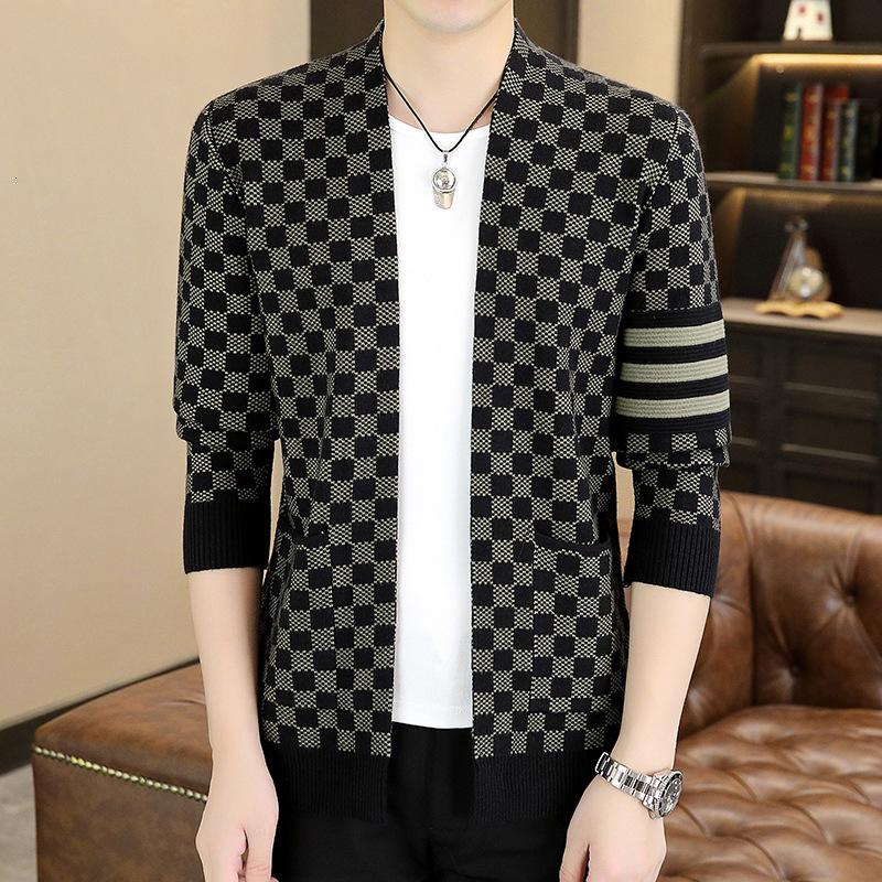 2026 Men's Fashion Sweater Men's Youth Men's Casual Knitted Cardigan Checkered Jacquard Coat Personalized Design Pattern Warm Sports Lu