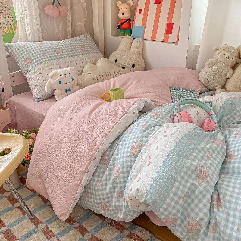 2025 new cartoon color plaid bed sheet four-piece student cute soft quilt cover dormitory three-piece set H260311