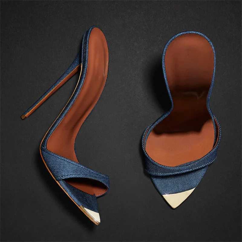 Denim Women Metal Decoration Pointed Toe Mules Shoes Women Super-high Heel Gladiator Sandals Sexy Womens Shoes K260311